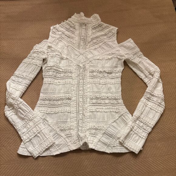 Cinq A Sept Lace Blouse Top Womens Medium Ivory Cold Shoulder Mockneck Boho - Picture 3 of 8